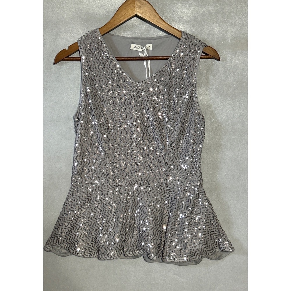 Grace Karin Silver Sequin Peplum Top Sleeveless Chevron V-Neck Blouse Medium NWT - Picture 2 of 6